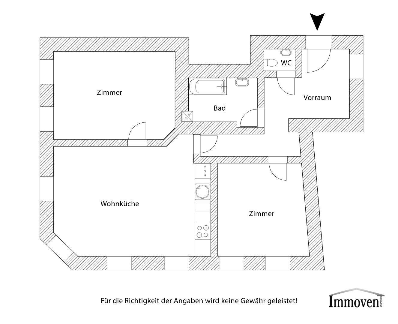 Grundriss der Wohnung mit Wohnküche, zwei Zimmern, Bad und separatem WC.