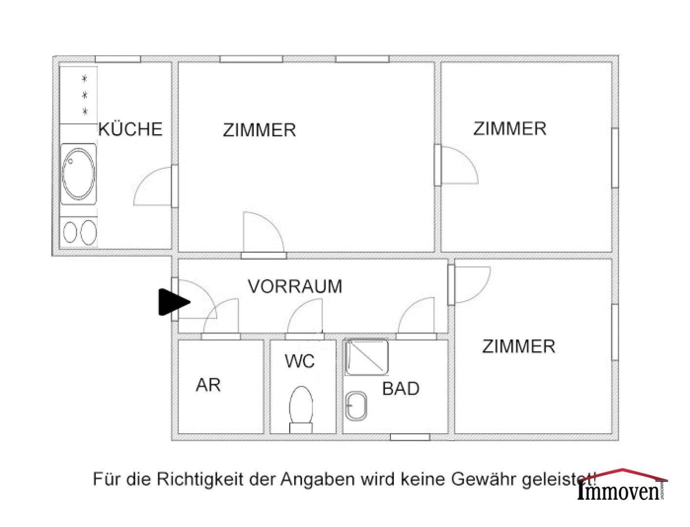 Grundriss der Wohnung mit Küche, drei Zimmern, Vorraum, Bad und separatem WC.
