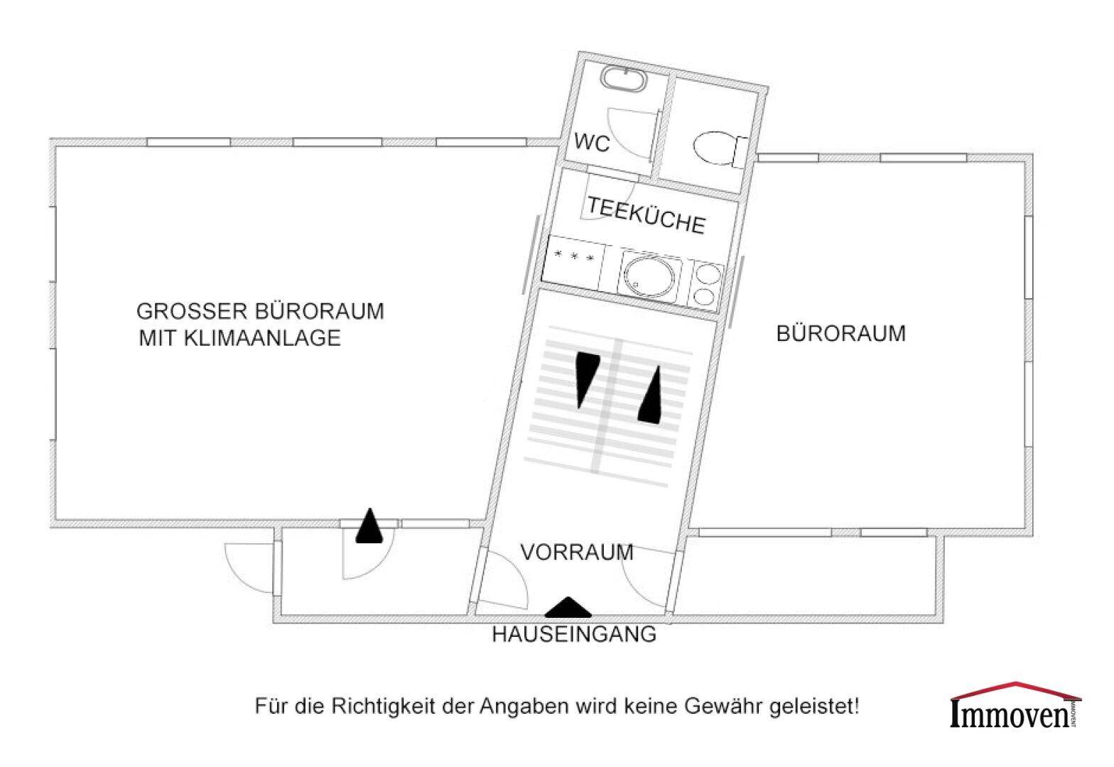 Grundrissplan zeigt einen großen Büroraum, einen kleineren Büroraum, eine Teeküche und ein WC.