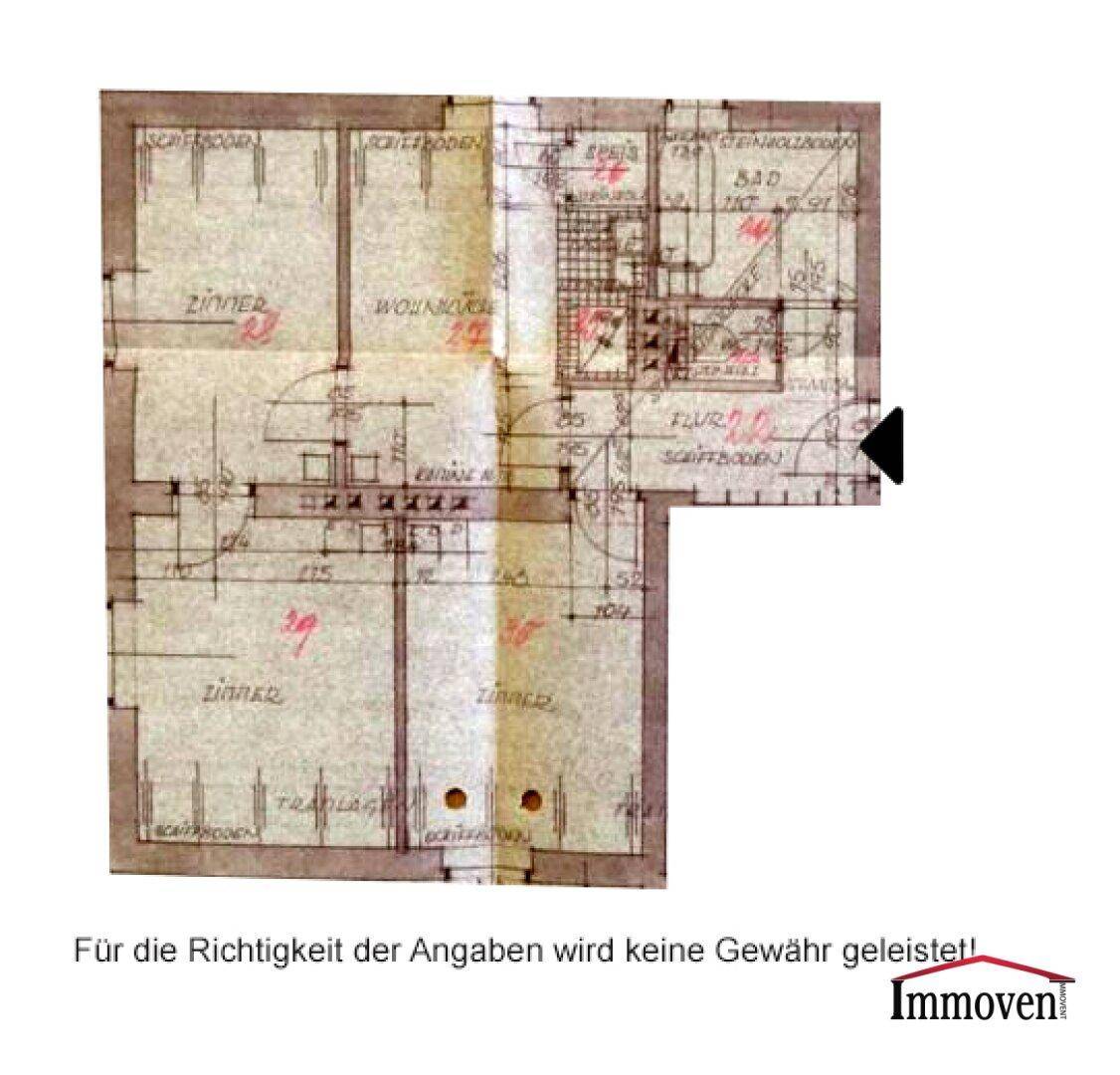 Historischer Grundriss mit klarer Zimmeraufteilung und eingezeichneten Funktionsbereichen.