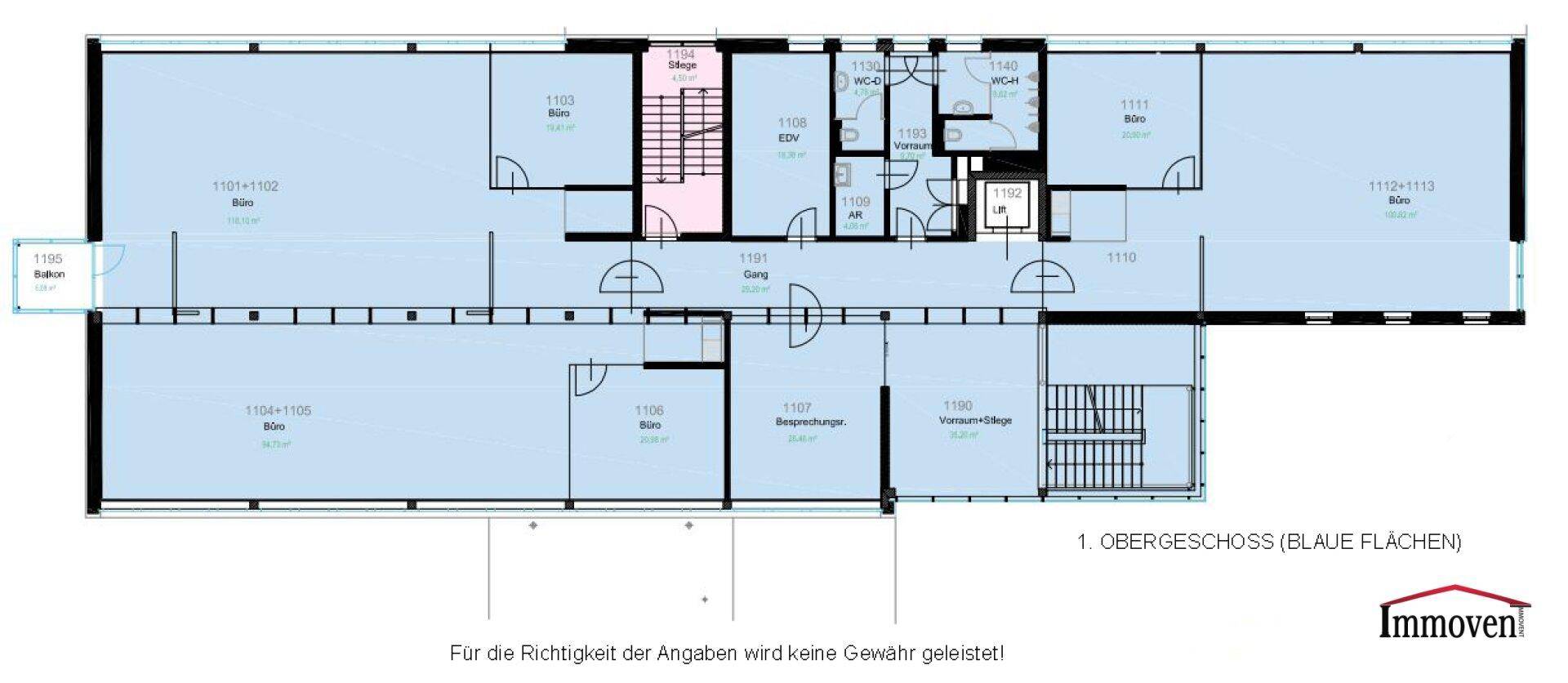 Grundriss des ersten Obergeschosses mit verschiedenen Büroräumen und einem Balkon.
