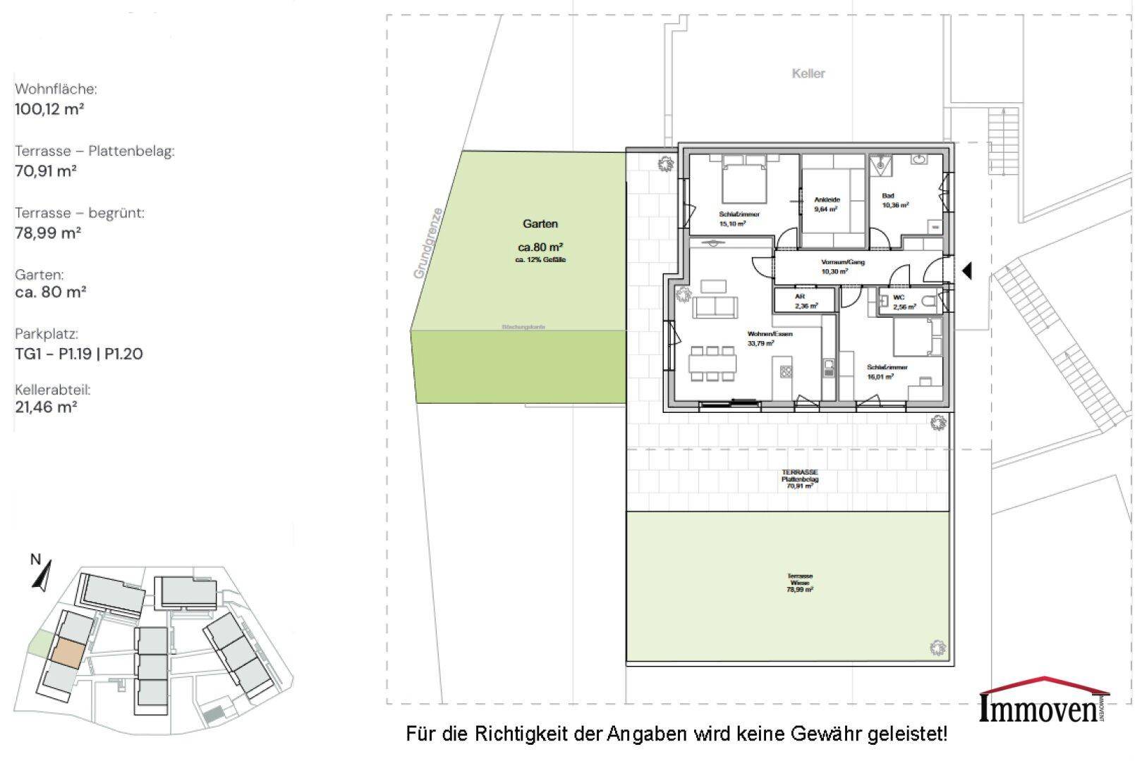 Grundriss einer Wohnung mit drei Schlafzimmern, Garten und zwei Terrassen.