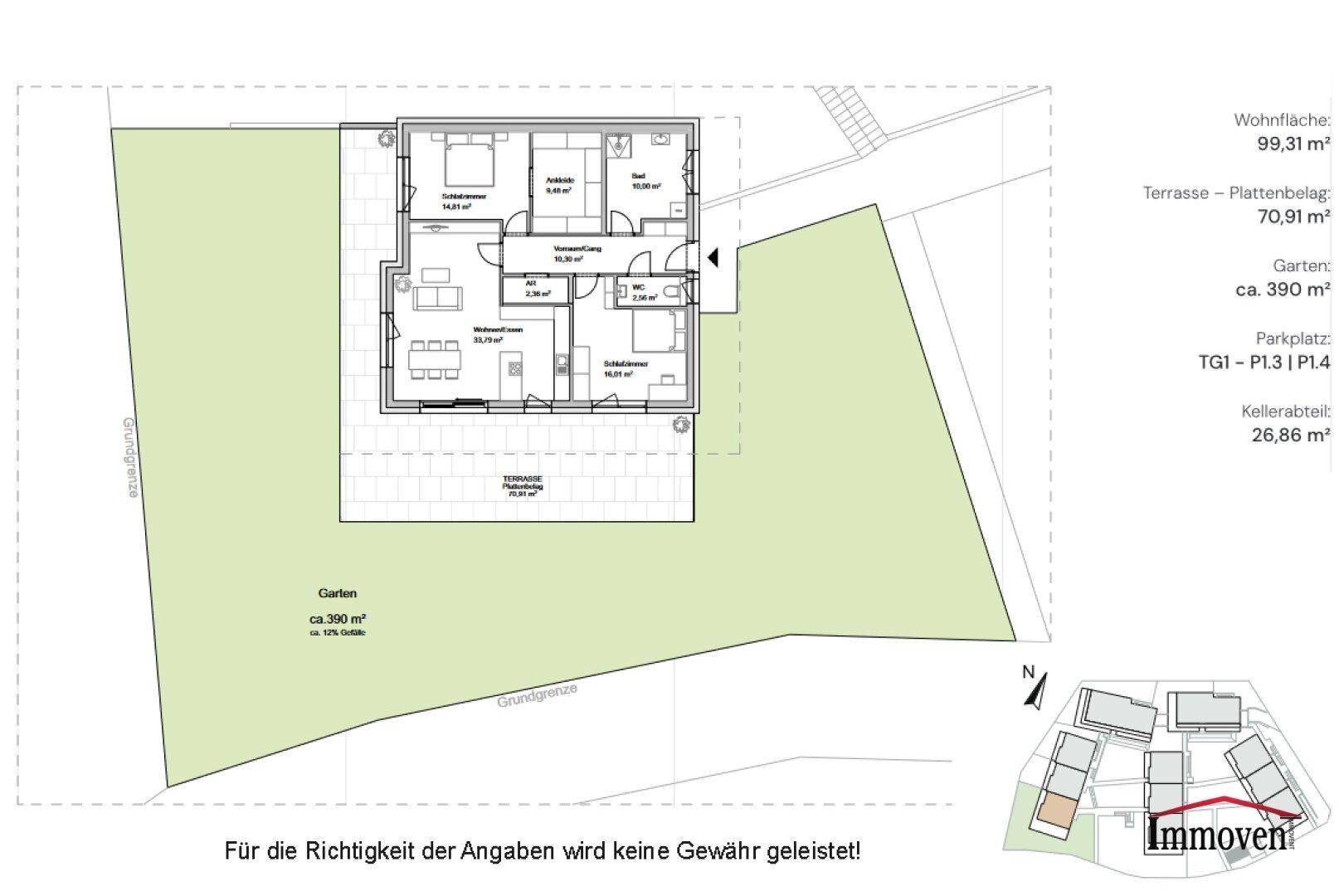 Grundriss einer Wohnung mit offenem Wohn-Essbereich, drei Schlafzimmern, Bad, separatem WC, großer Terrasse und Garten.