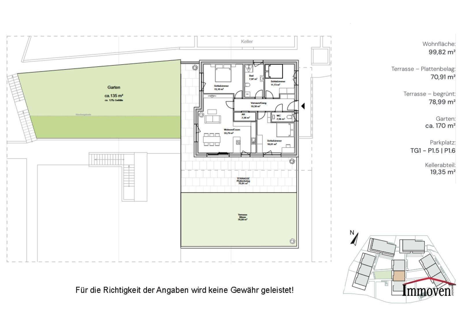 Grundriss einer Wohnung mit drei Schlafzimmern, offenem Wohnbereich, zwei Bädern, separatem WC, Garten und zwei Terrassen.