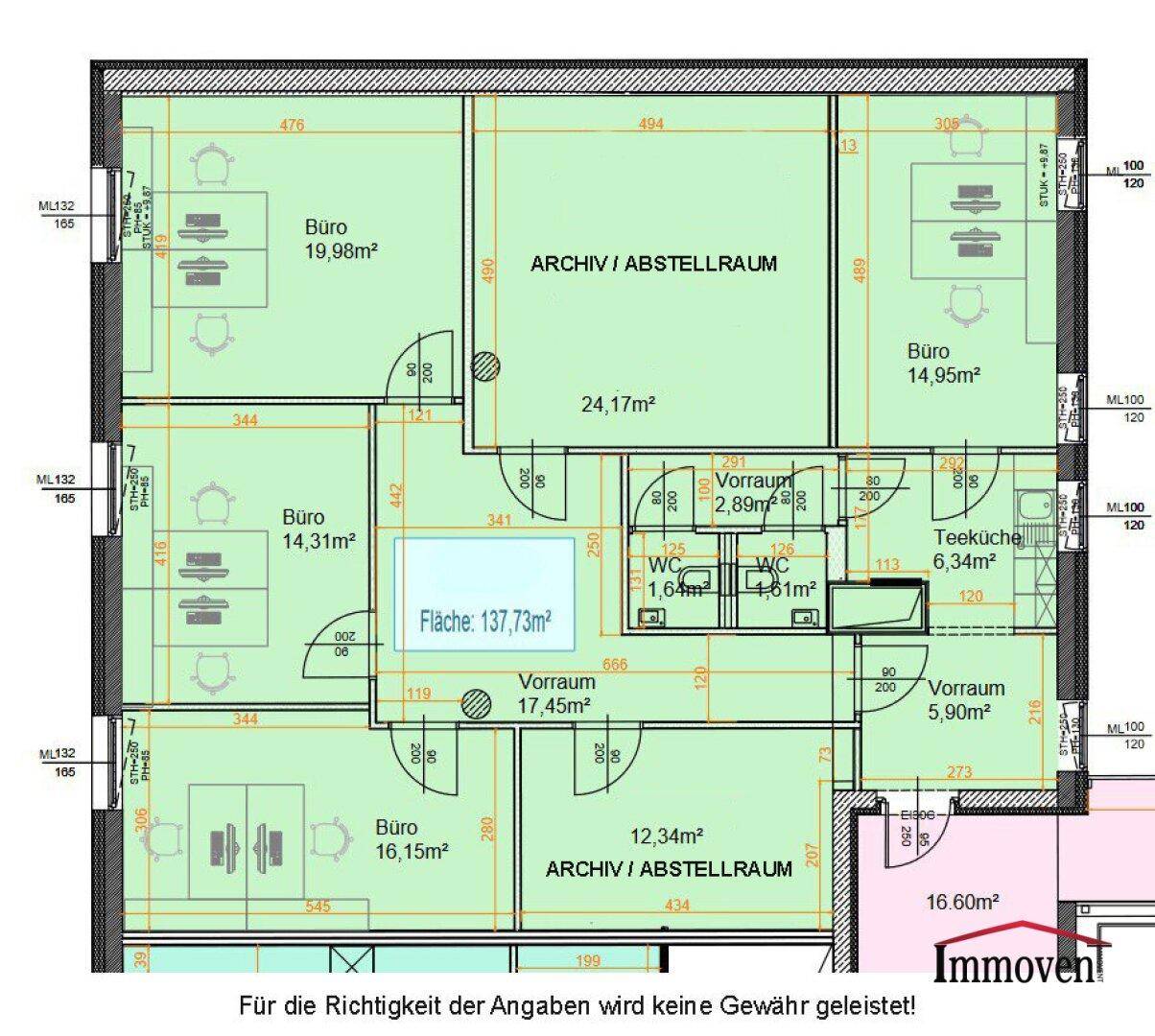 Detaillierter Grundrissplan mit mehreren Büros, Archivräumen und einer praktischen Teeküche.