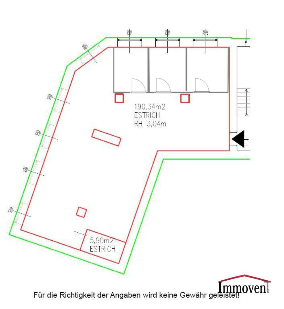 Grundrissplan zeigt die Aufteilung eines Gewerbebereichs mit zwei separaten Flächen und Treppen.