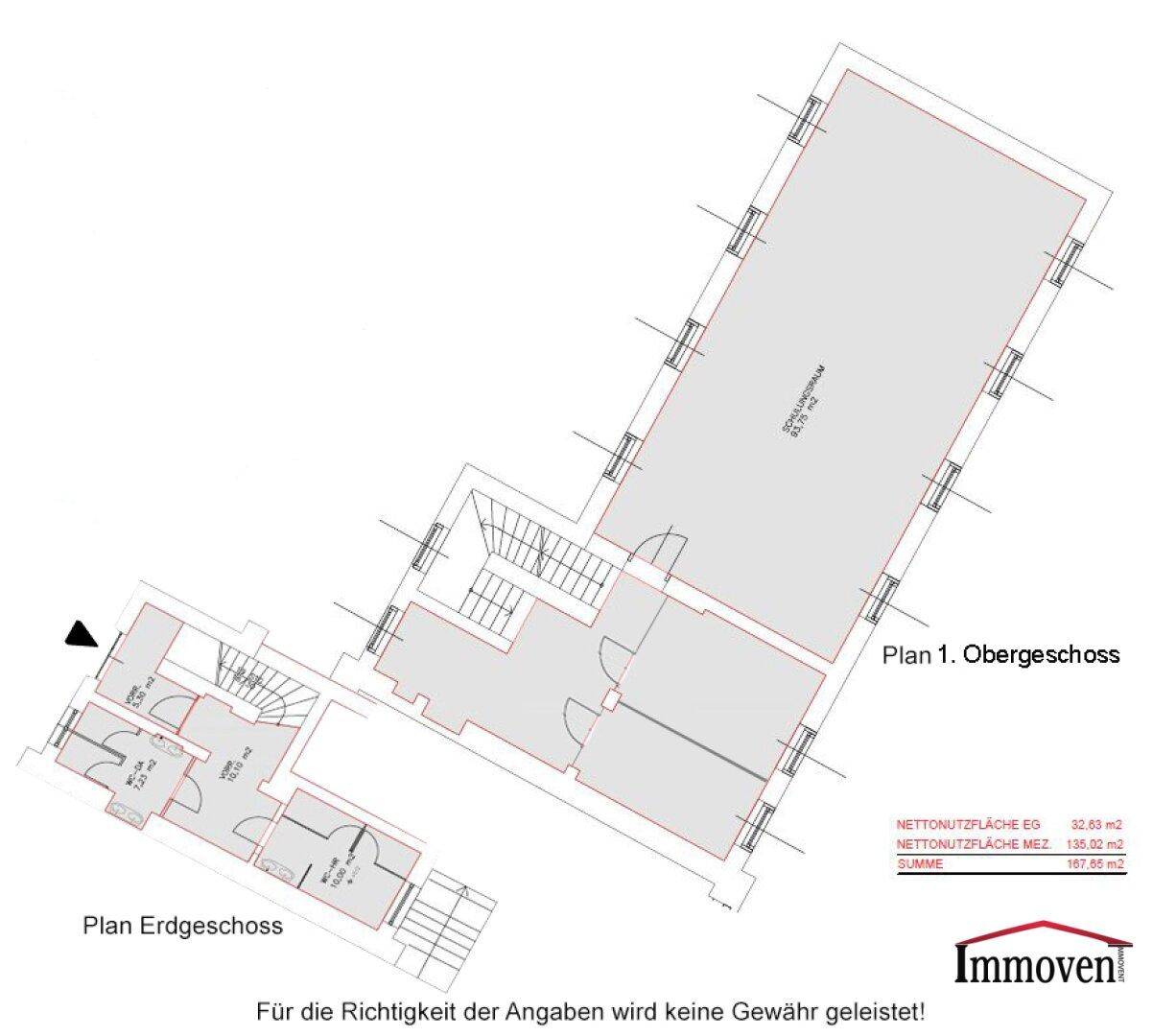 Grundriss zeigt Erdgeschoss und Obergeschoss mit Treppenhaus und verschiedenen Nutzflächen.