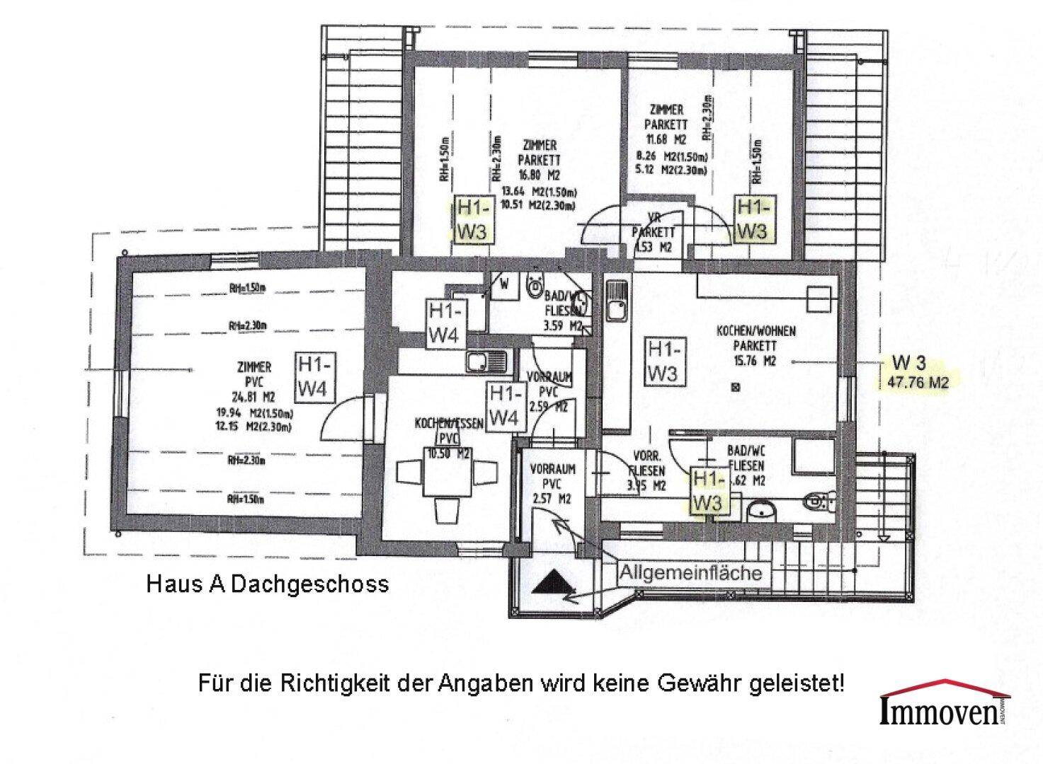 Grundriss des Dachgeschosses von Haus A mit Zimmern, Küche und Bad unter Dachschrägen.