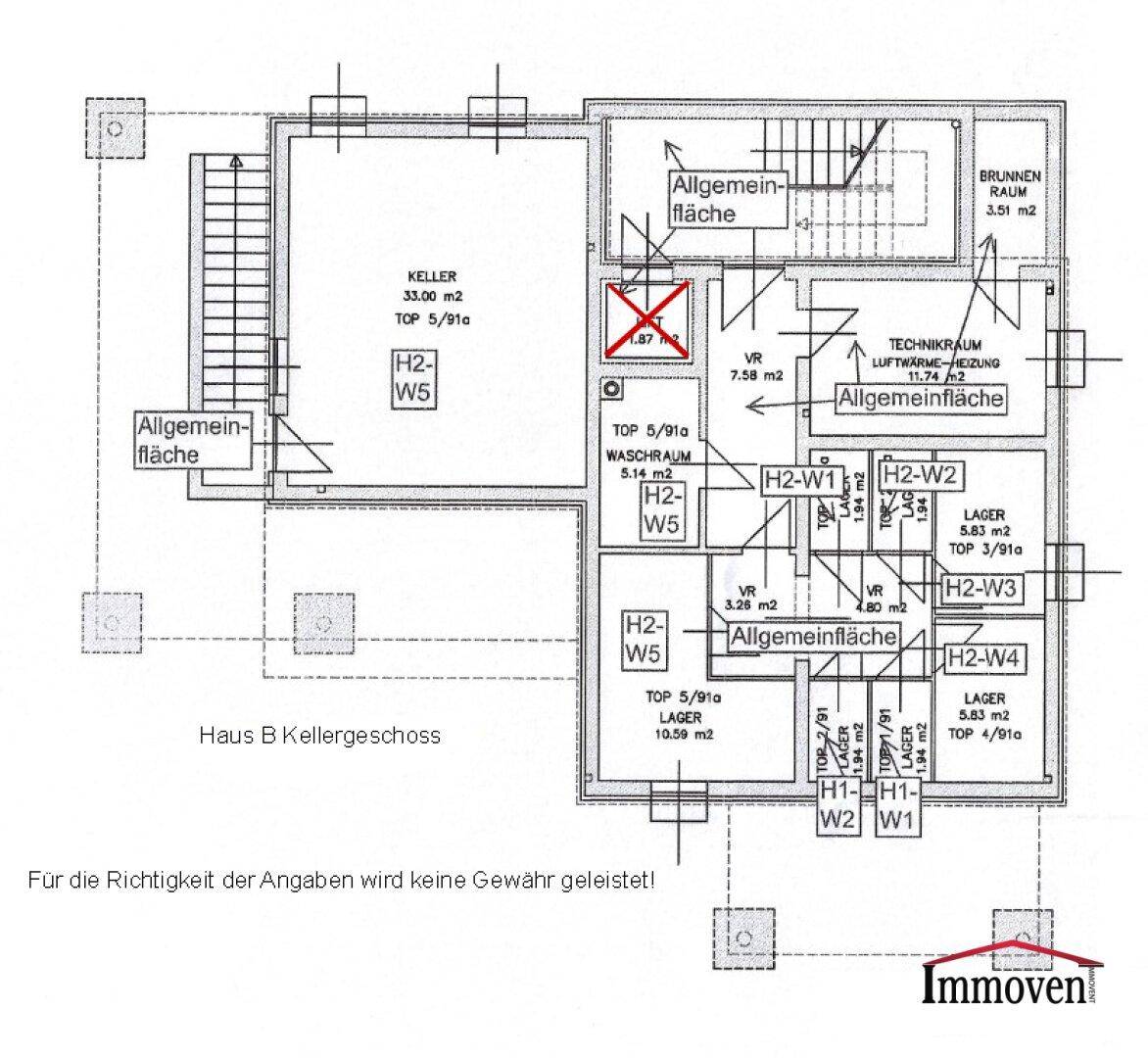 Grundriss des Kellergeschosses von Haus B mit Kellerraum, Technikraum und Waschraum.