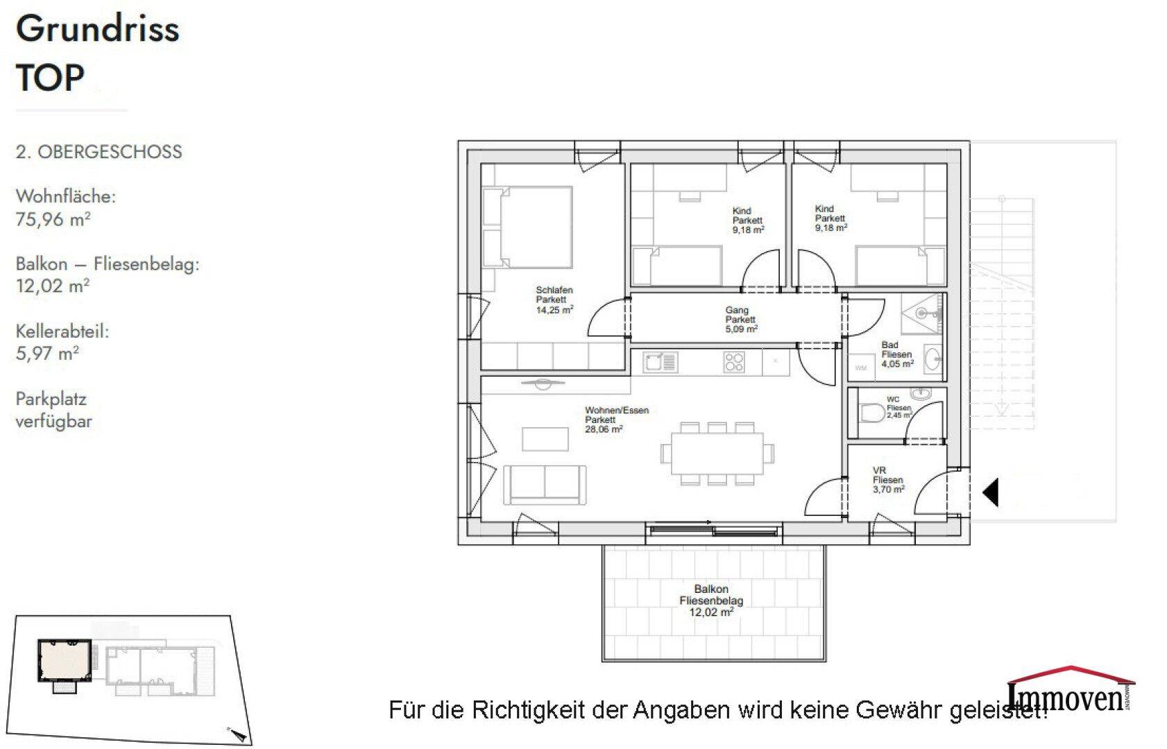 Grundriss einer 2. Obergeschoss-Wohnung mit Wohn-Essbereich, drei Schlafzimmern und Balkon.