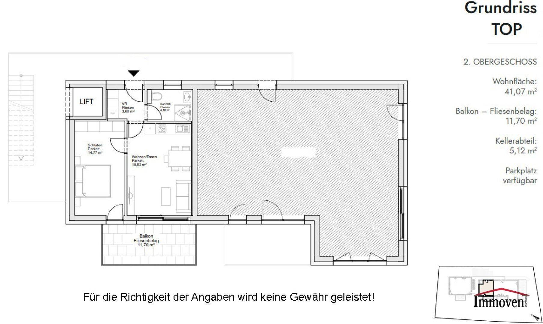 Grundriss einer Wohnung im 2. Obergeschoss mit offenem Wohn-Essbereich, Schlafzimmer und Balkon.