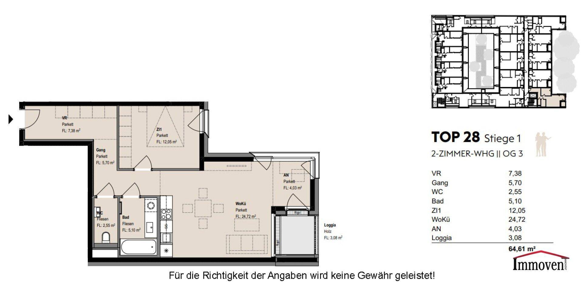 Grundriss einer 2-Zimmer-Wohnung im Obergeschoss mit Loggia und klarer Raumaufteilung.