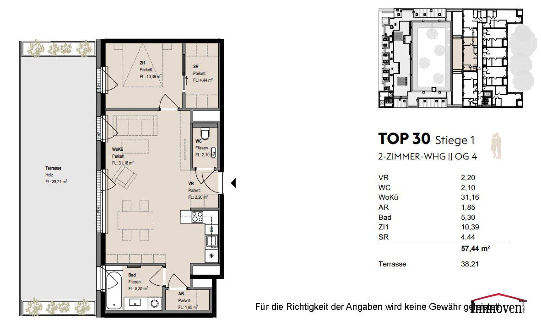 Grundriss einer 2-Zimmer-Wohnung mit offener Wohnküche, separatem WC und großer Terrasse.