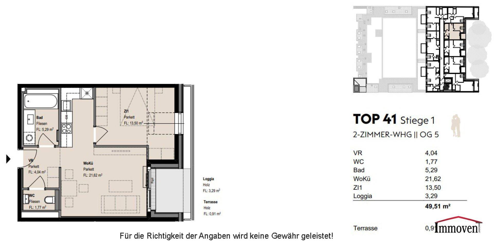 Grundriss einer 2-Zimmer-Wohnung mit Loggia und Terrasse, inklusive Flächenangaben.