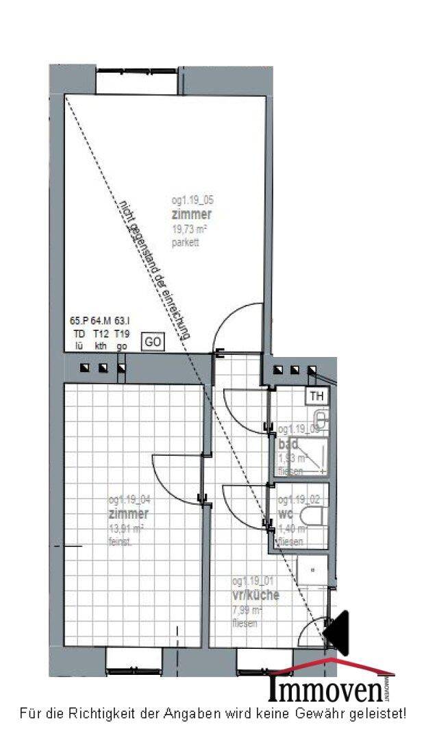 Grundriss einer Wohnung mit zwei Zimmern, separatem Bad, Gäste-WC und integrierter Küche.