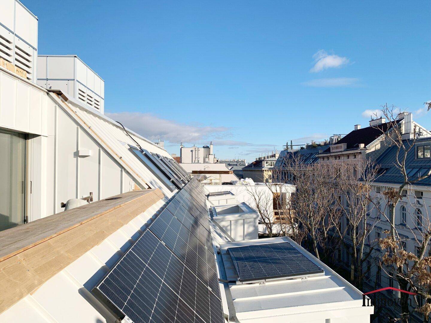 Dachansicht mit Photovoltaikanlage und Blick über die Dächer der Stadt.