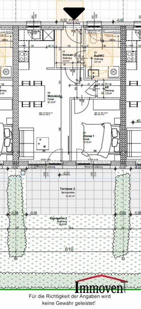 Detaillierter Grundriss einer Wohneinheit mit Terrasse und Gartenanteil.