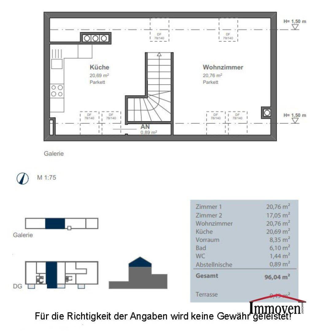 Grundriss der Galerieebene mit offener Küche und Wohnzimmer.