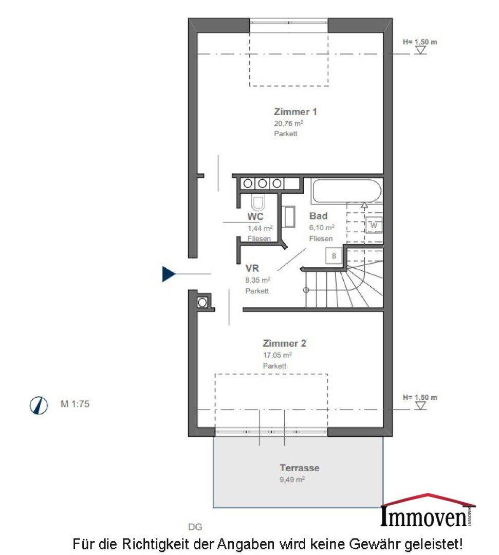 Grundriss des Dachgeschosses mit zwei Zimmern, Bad, WC und Terrasse.