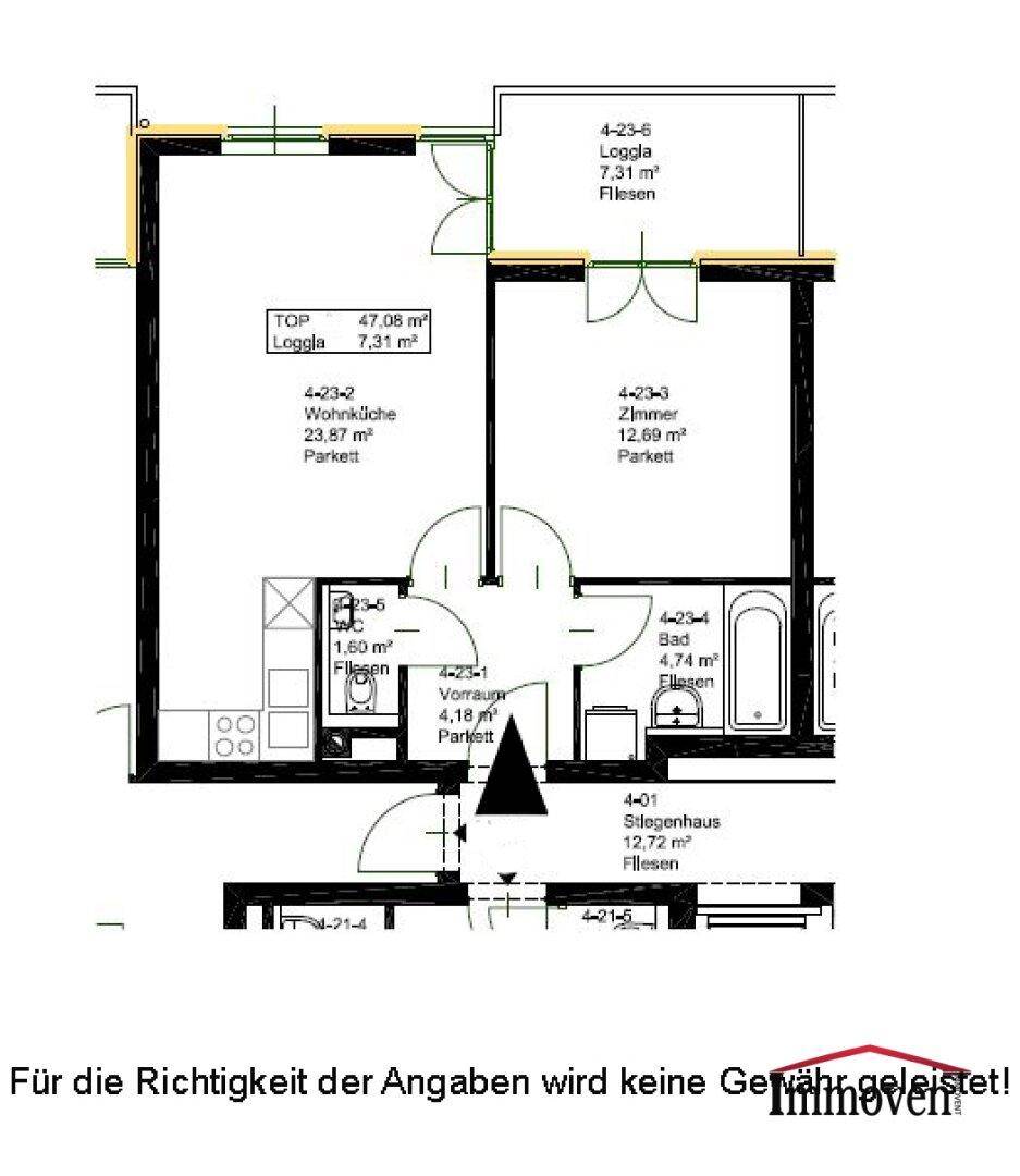 Detaillierter Grundriss der Wohnung mit Raumaufteilung und Flächenangaben.