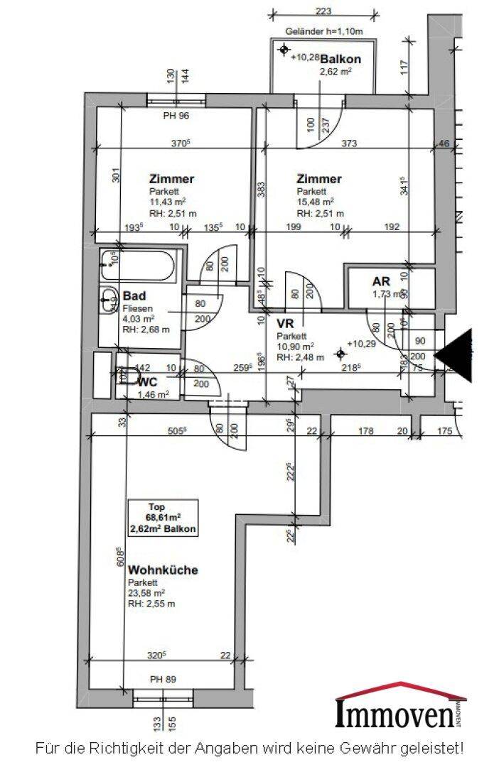 Grundriss einer Wohnung mit zwei Zimmern, Wohnküche und Balkonen, inklusive Maßen.