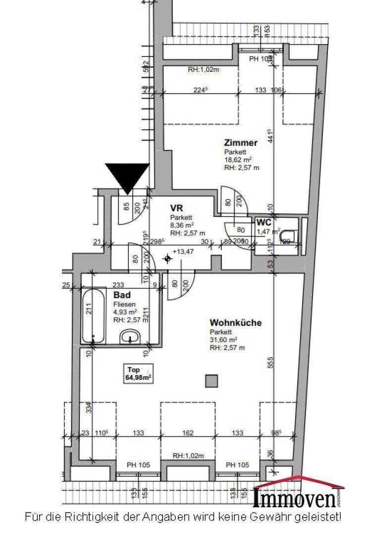 Grundriss einer Wohnung mit Wohnküche, Bad, WC und einem Zimmer auf 64,98m².