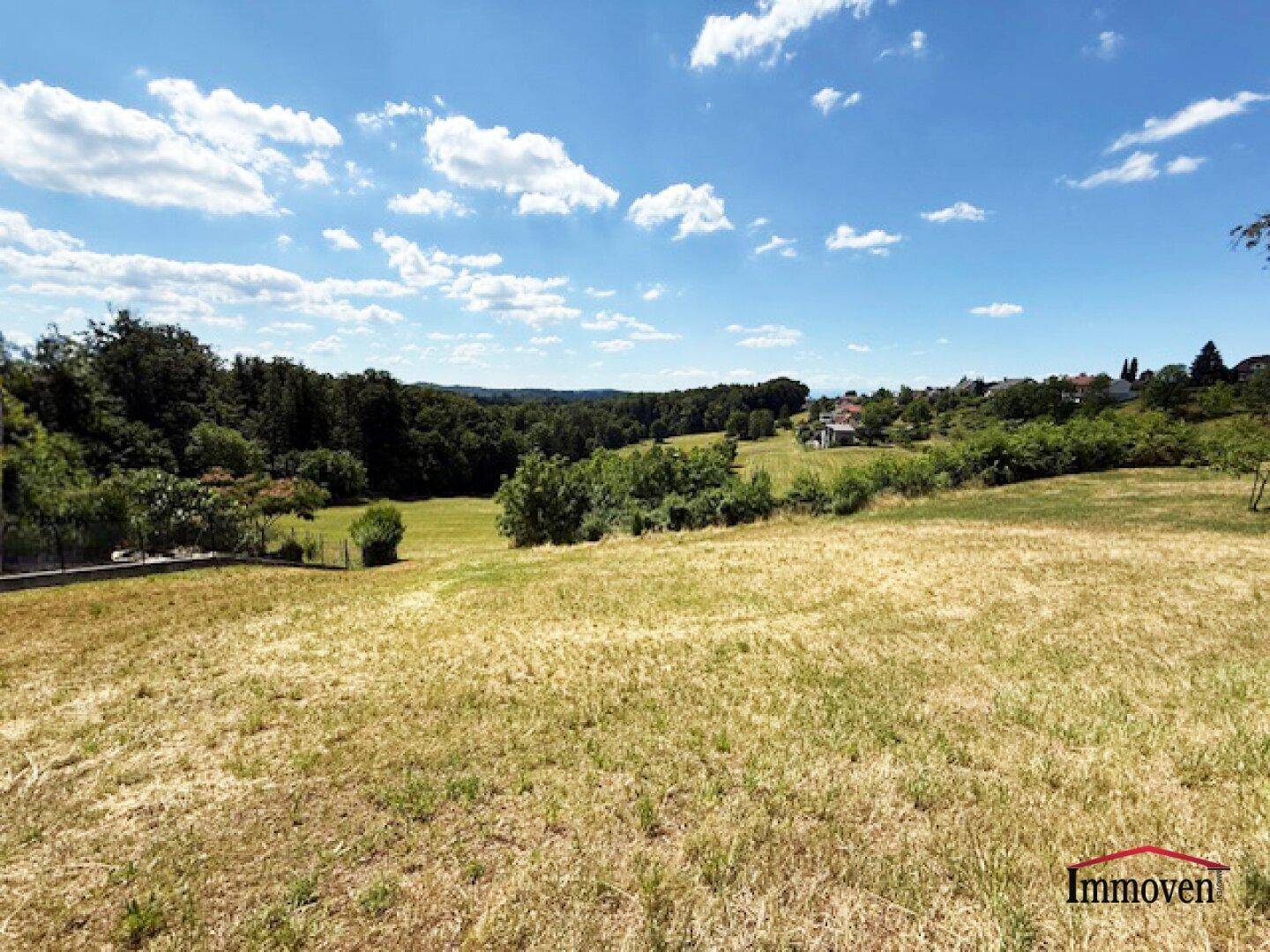 Panoramablick über grüne Felder und Wälder mit vereinzelten Häusern in der Ferne an einem sonnigen Tag.