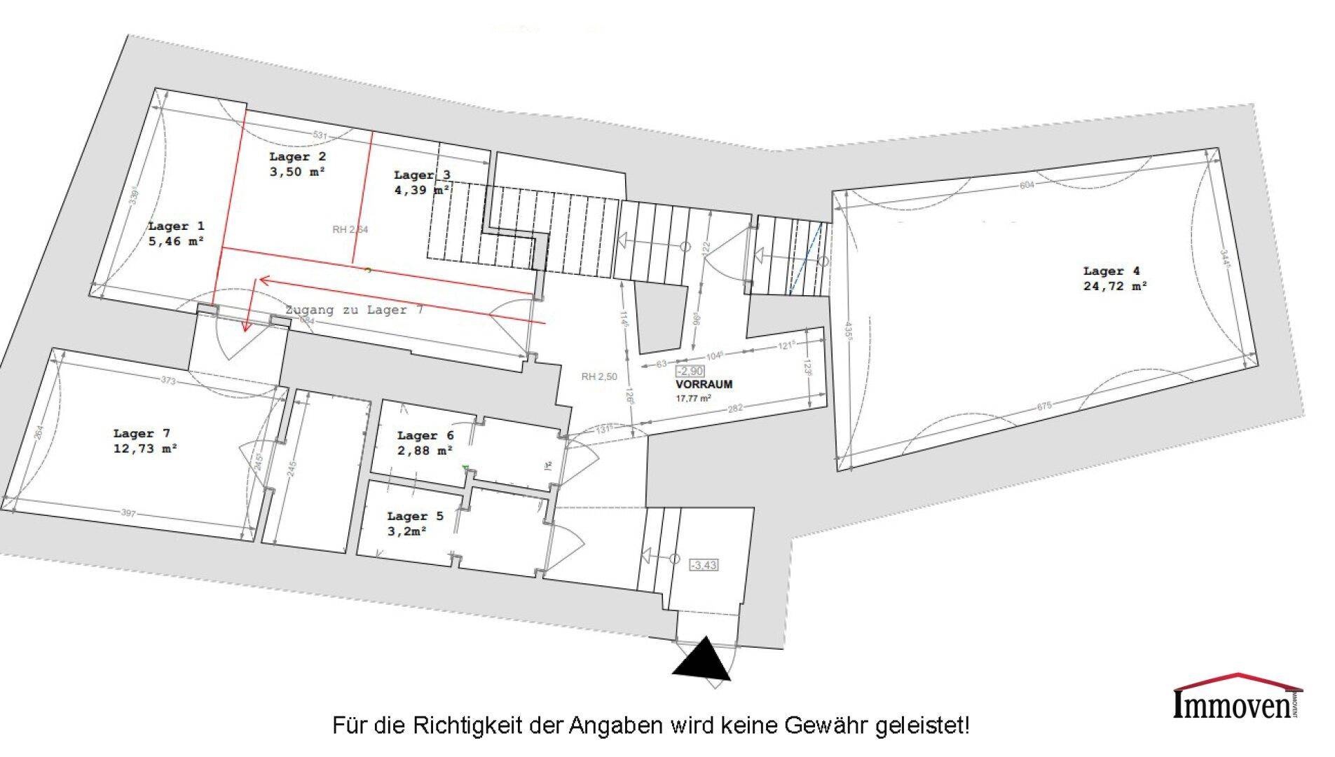 Grundrissplan des Kellergeschosses, der verschiedene Lagerbereiche und einen Vorraum darstellt.
