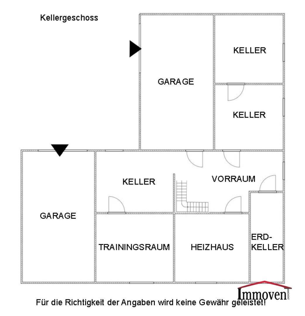 Grundriss des Kellergeschosses mit zwei Garagen, Kellerräumen, Trainingsraum und Heizhaus.