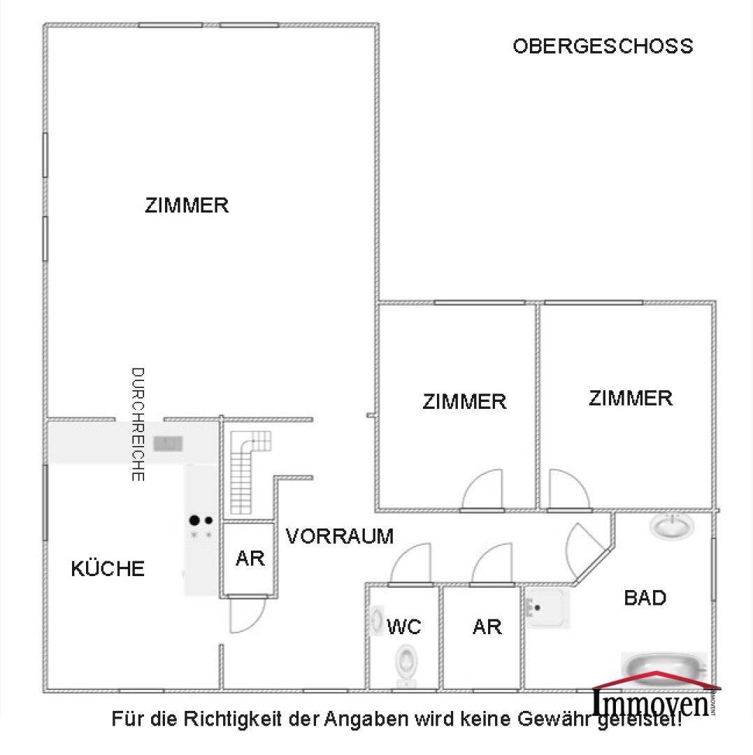 Grundriss des Obergeschosses mit Küche, Bad, WC, Abstellräumen und mehreren Zimmern.