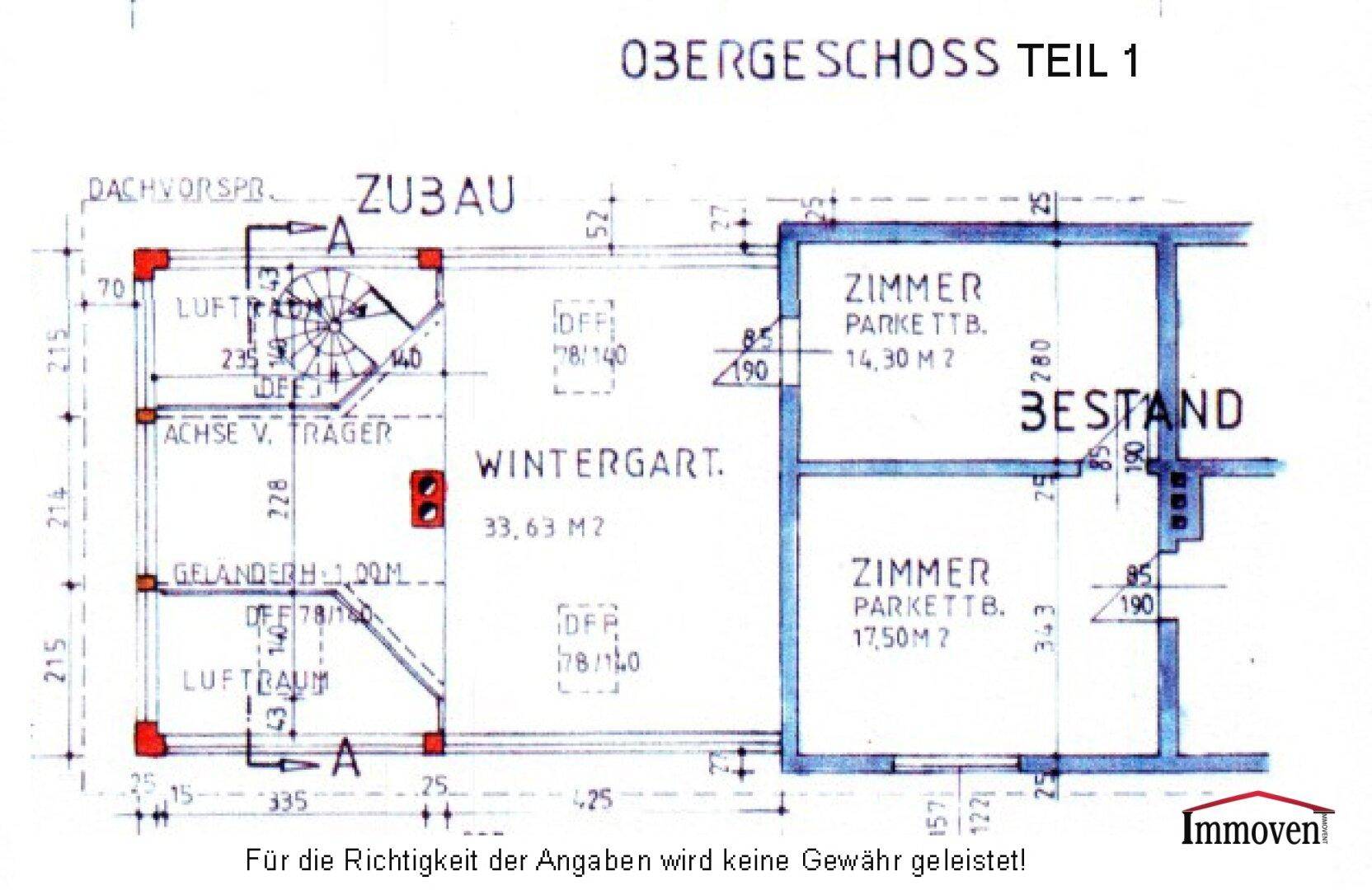 Grundriss des Obergeschosses Teil 1 mit Wintergarten und zwei Zimmern.