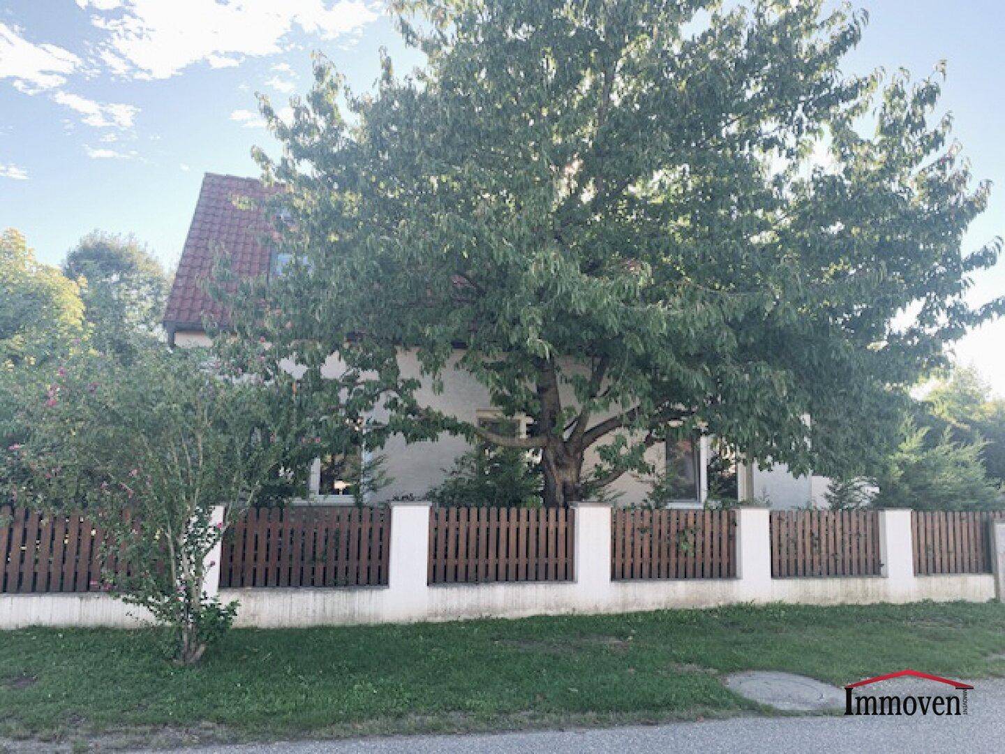 Vorderansicht des Hauses, teilweise von einem großen Baum und einem Holzzaun verdeckt.