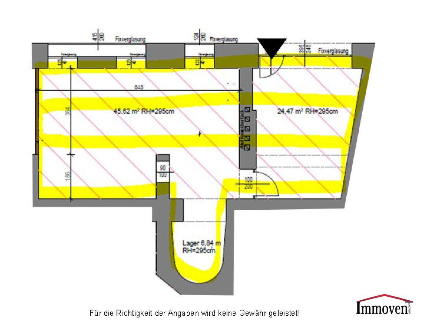 Grundriss mit großen, durch Fixverglasung gekennzeichneten Räumen und einem separaten Lagerbereich.