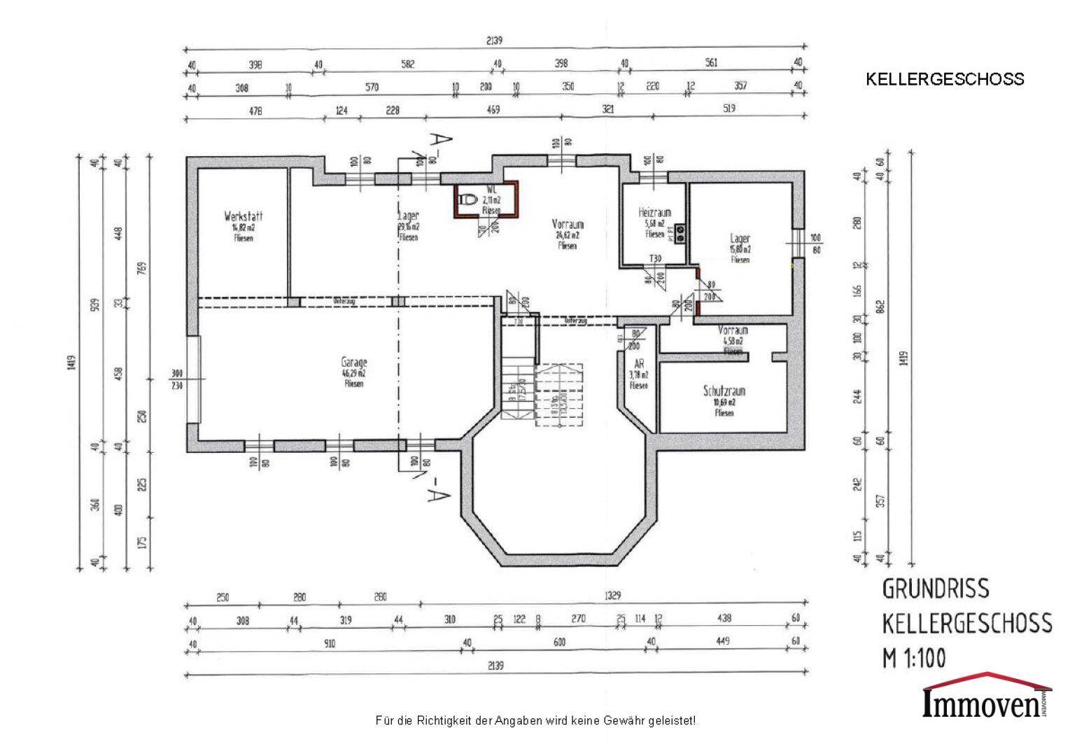 Grundriss des Kellergeschosses mit Garage, Werkstatt, Heizraum und weiteren Lagerräumen.