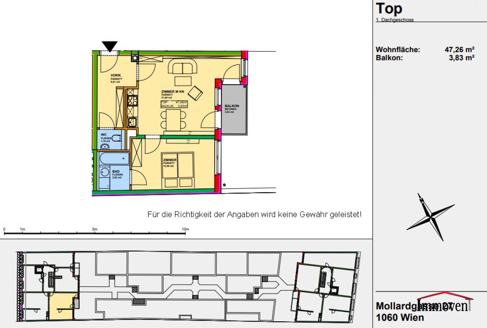 Grundriss einer Wohnung mit 47,26 m² Wohnfläche und einem Balkon von 3,83 m².