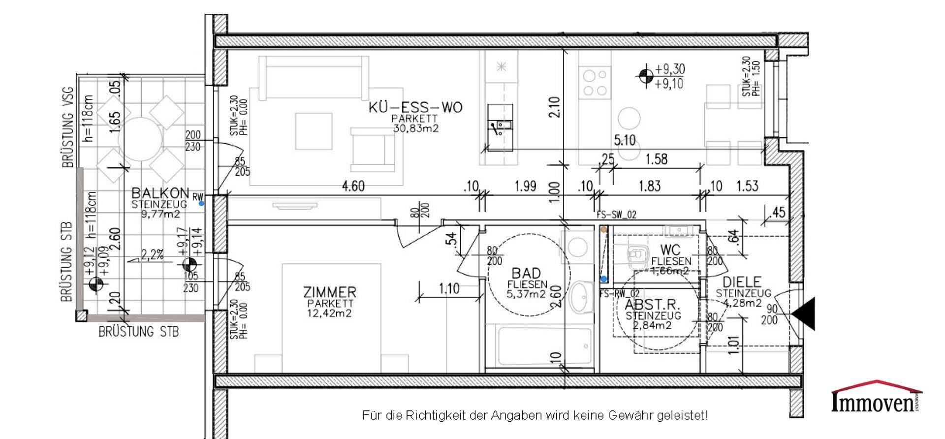 Grundriss einer Wohnung mit offenem Wohn-Essbereich, Schlafzimmer, Bad, WC und Balkon.