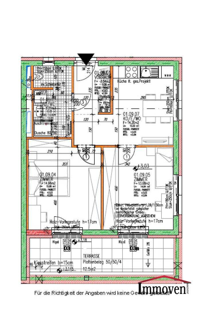 Detaillierter Grundriss einer Wohnung mit Zimmern, Bad, Küche und Terrasse.