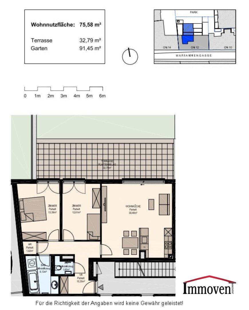 Detaillierter Grundriss der Wohnung mit Wohnnutzfläche, Terrasse und Gartenflächenangaben.