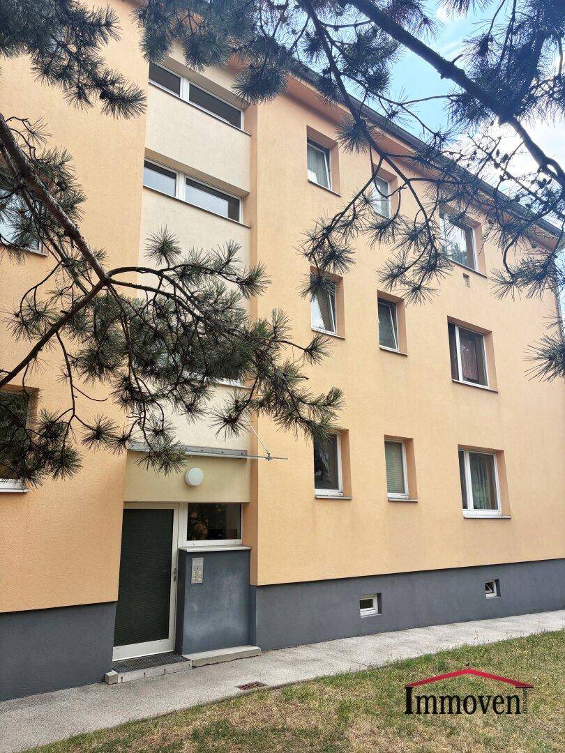 Mehrfamilienhaus mit gelber Fassade, großen Fenstern und grüner Umgebung.