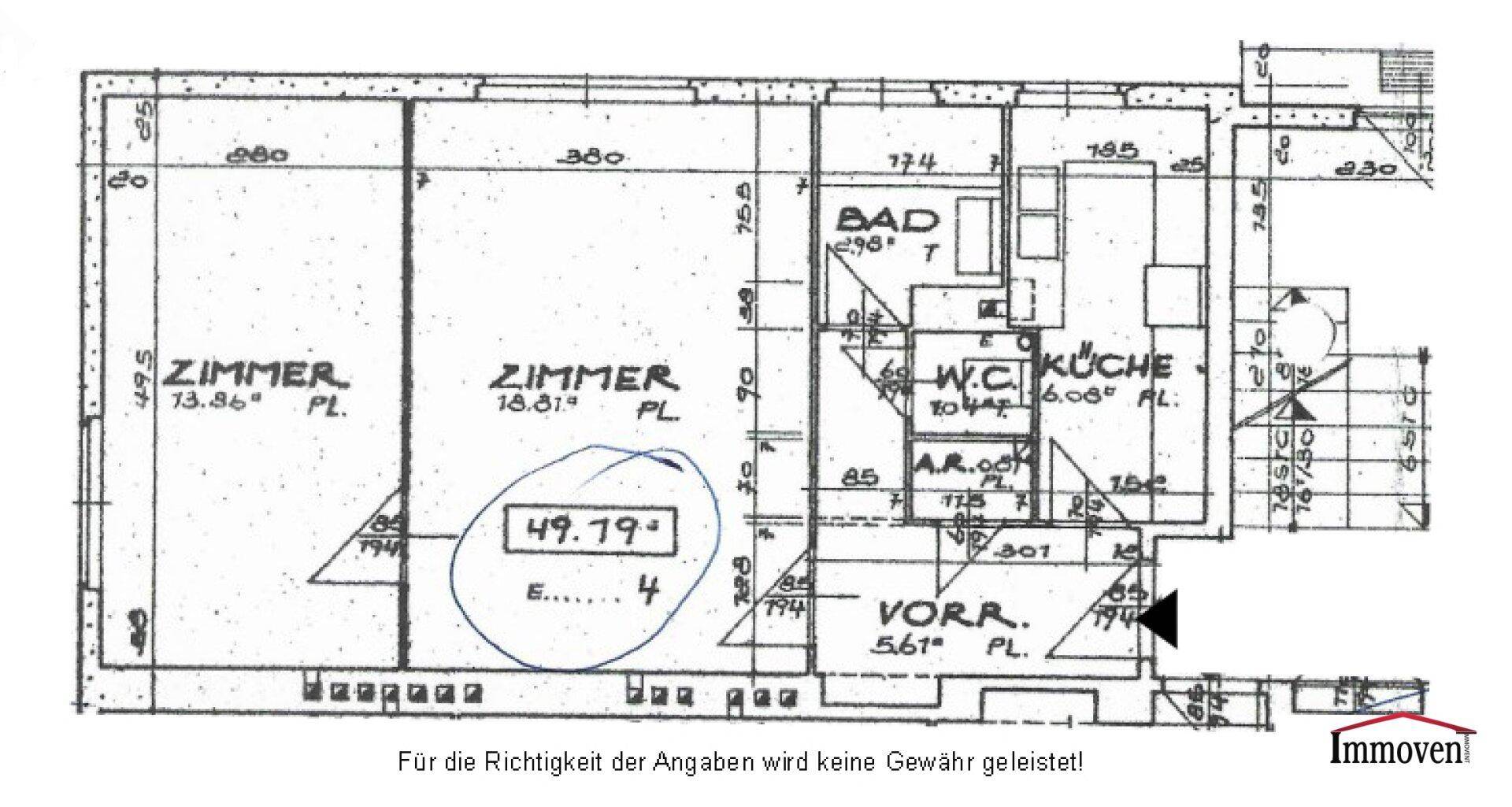 Grundrissplan zeigt die Aufteilung der Zimmer, Bad, WC und Vorraum.