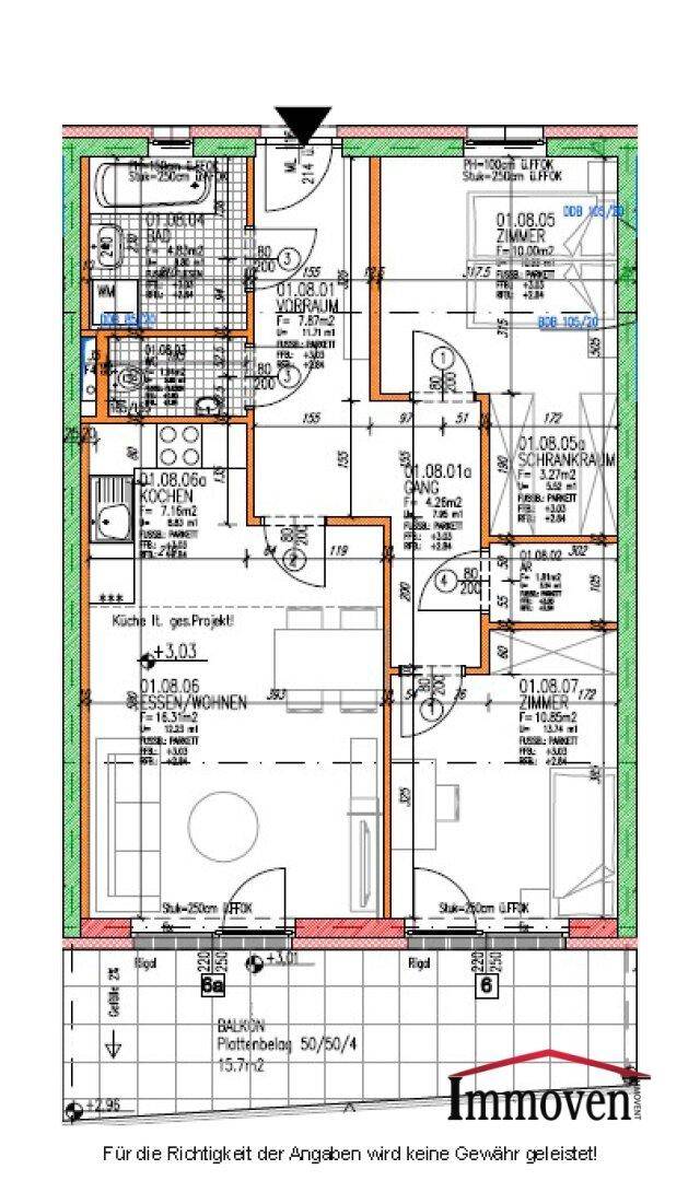 Detaillierter Grundriss einer Wohnung mit mehreren Zimmern, Bad und Balkon.