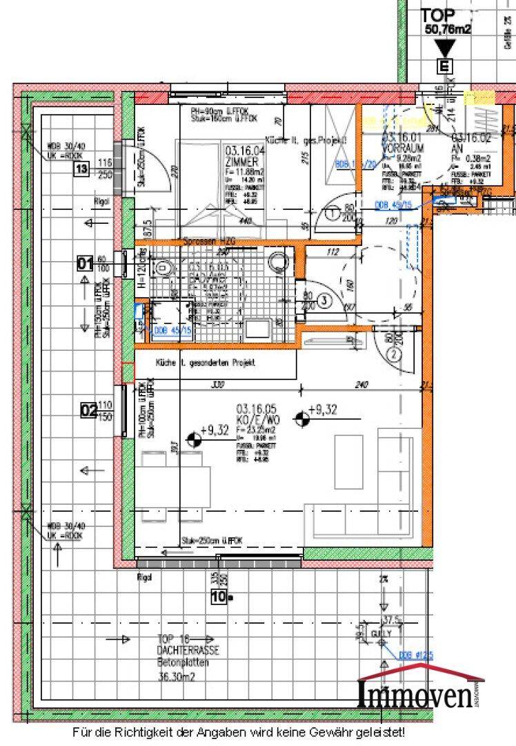 Detaillierter Grundriss einer Wohnung mit Dachterrasse und Raumaufteilung.