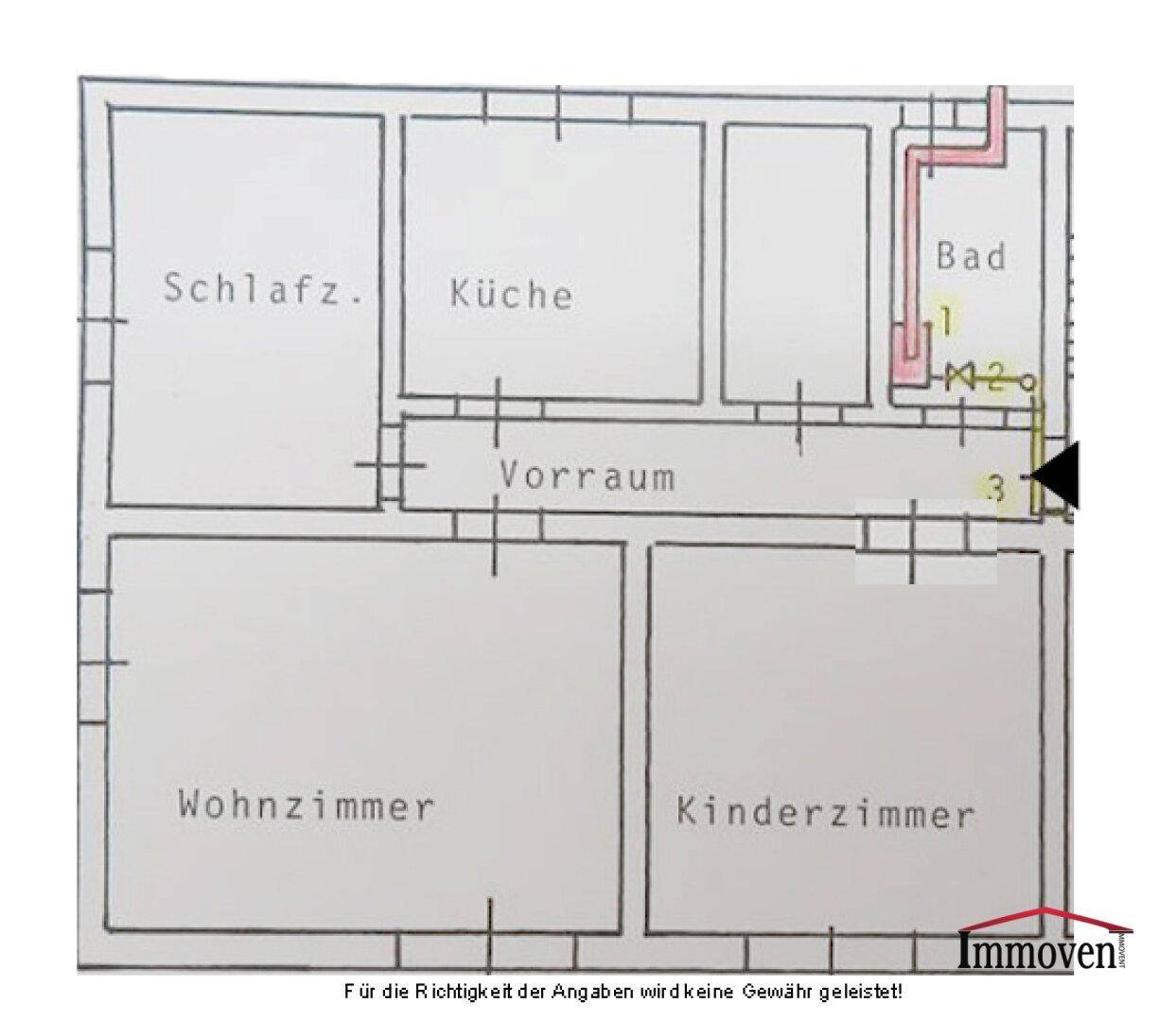 Grundrissplan der Wohnung mit Schlafzimmer, Küche, Bad und Wohnbereich.