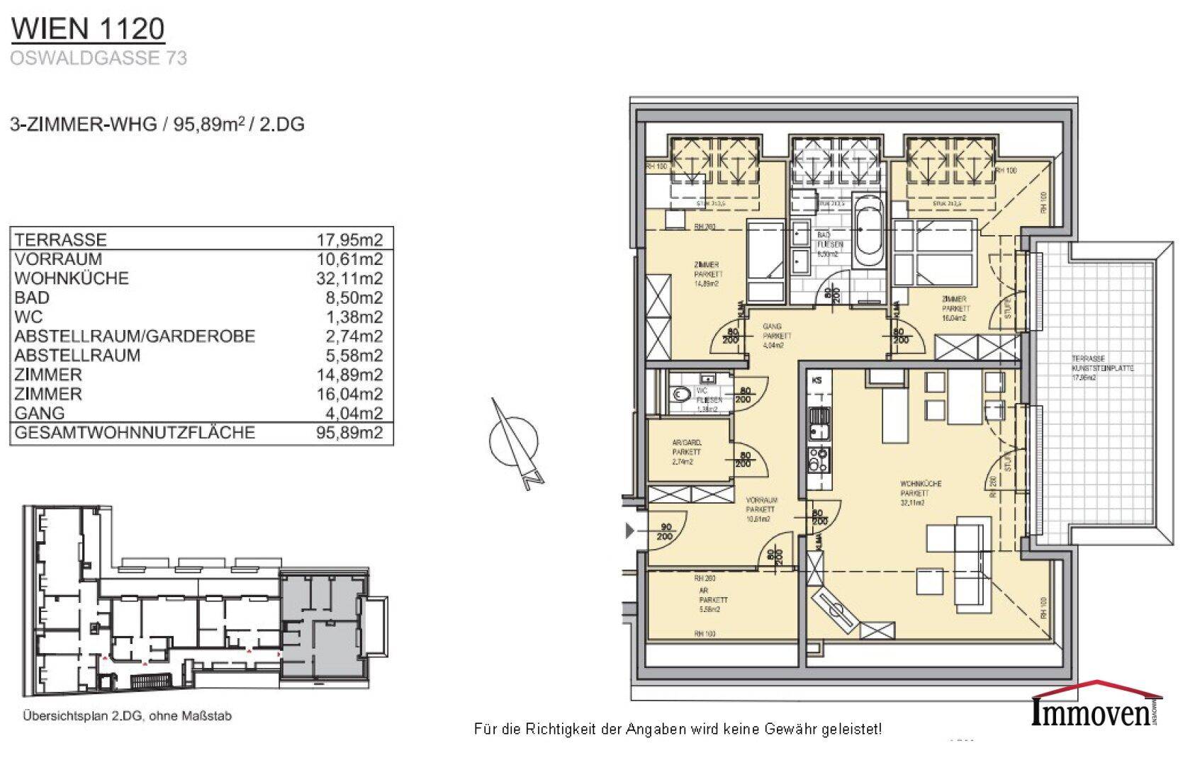 Detaillierter Grundriss einer 3-Zimmer-Wohnung mit offenem Wohnbereich, Terrasse und Balkonen.
