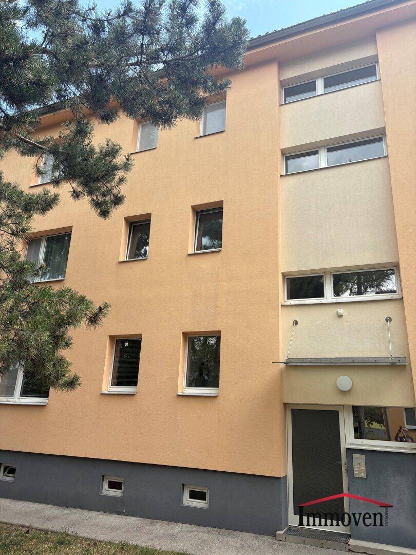 Mehrfamilienhaus mit gelber Fassade und mehreren Fenstern, umgeben von Bäumen.