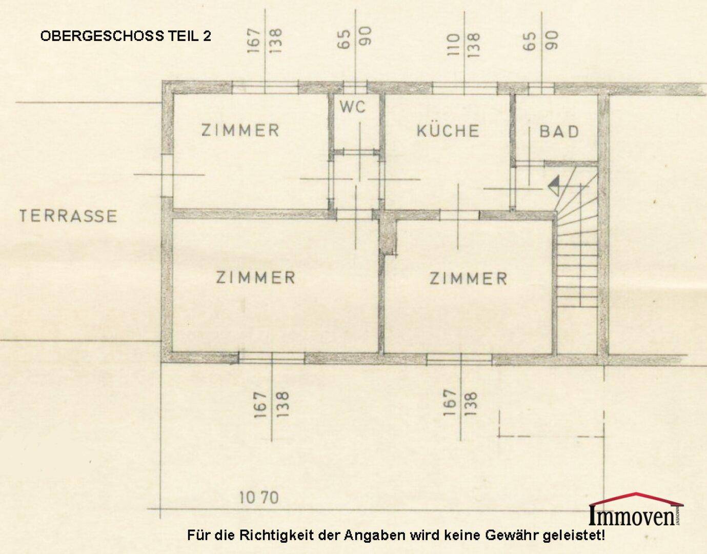 Grundriss des Obergeschosses Teil 2 mit Küche, Bad, WC und Zimmern.