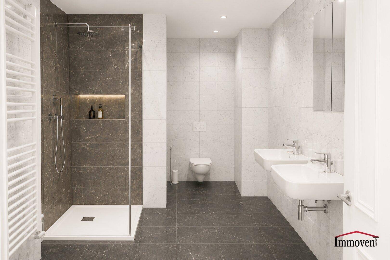 Modernes Badezimmer mit begehbarer Dusche, Doppelwaschbecken und eleganten grauen Fliesen.