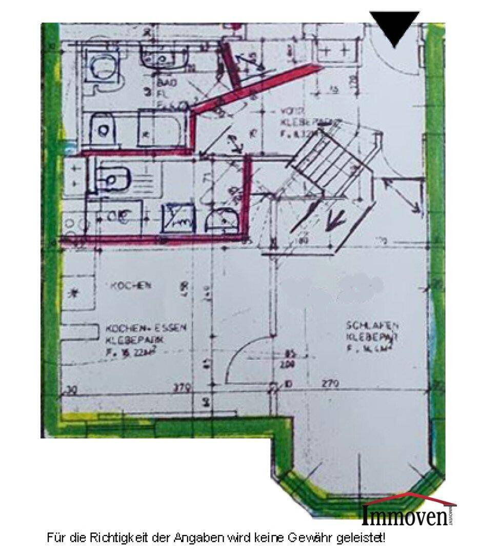 Grundrissplan des unteren Bereichs mit Bad, Küche und Schlafzimmer.