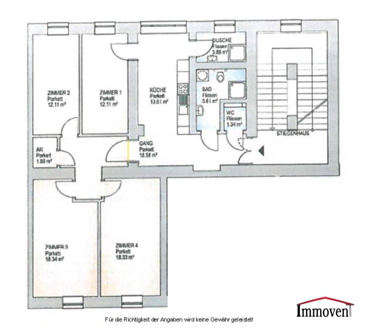 Grundriss der Wohnung mit vier Zimmern, Küche, Bad und WC, inklusive Flächenangaben.