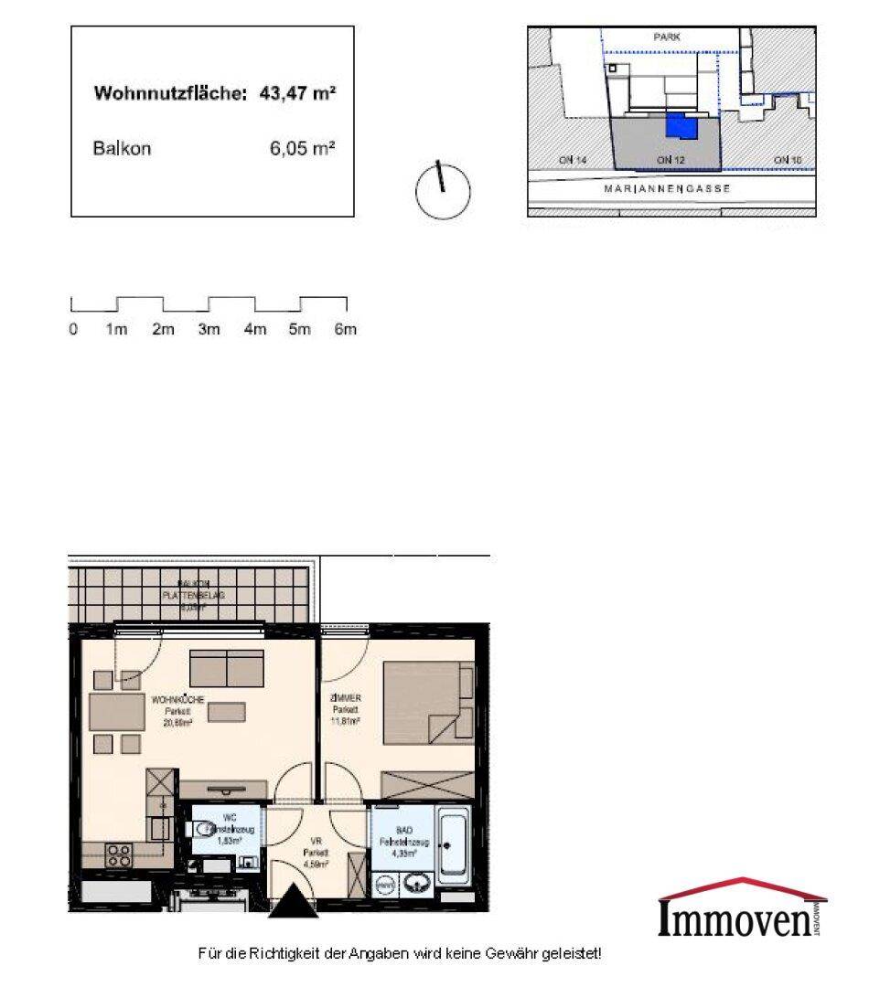 Grundriss einer Wohnung mit Wohnnutzfläche von 43,47 m² und Balkon.